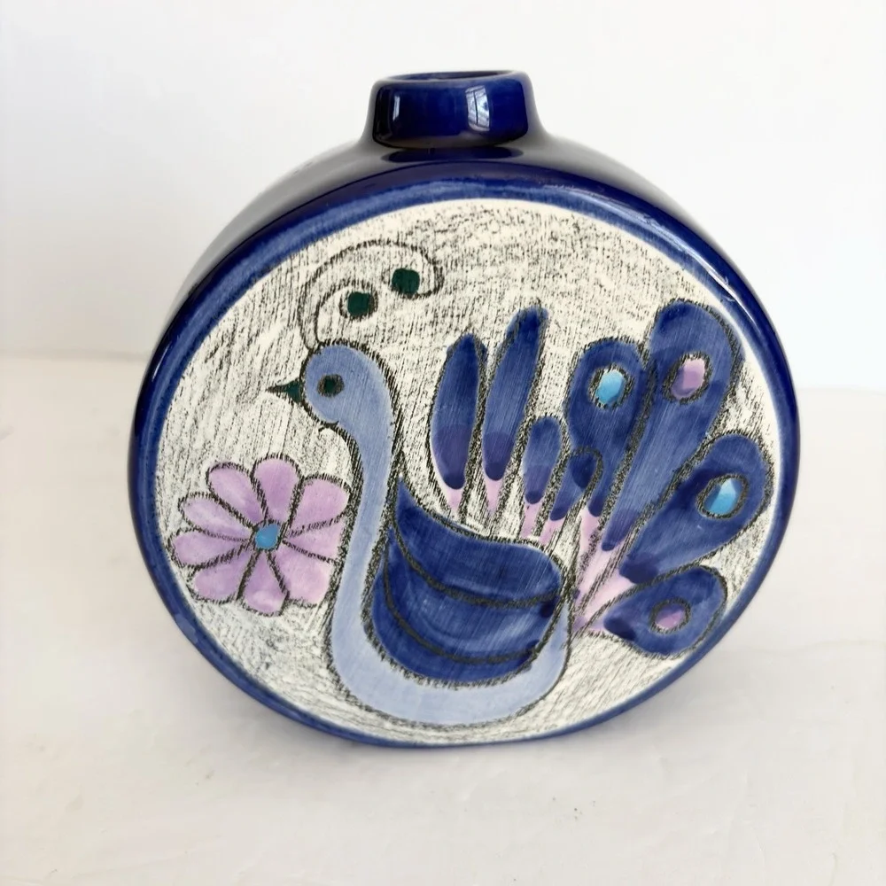 Vtg Signed Eduardo Vega Pottery Vase Ecuador Peacock MCM Blue Pink 5